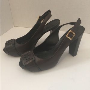 Tory Burch Chocolate Brown Peeptoe Block Heels 6.5